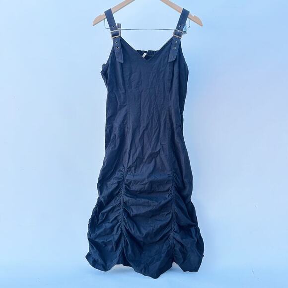 XCVI Buckle Strap Tank Ruched Bubble Midi Dress Black Small Stretch Cotton - Picture 1 of 9